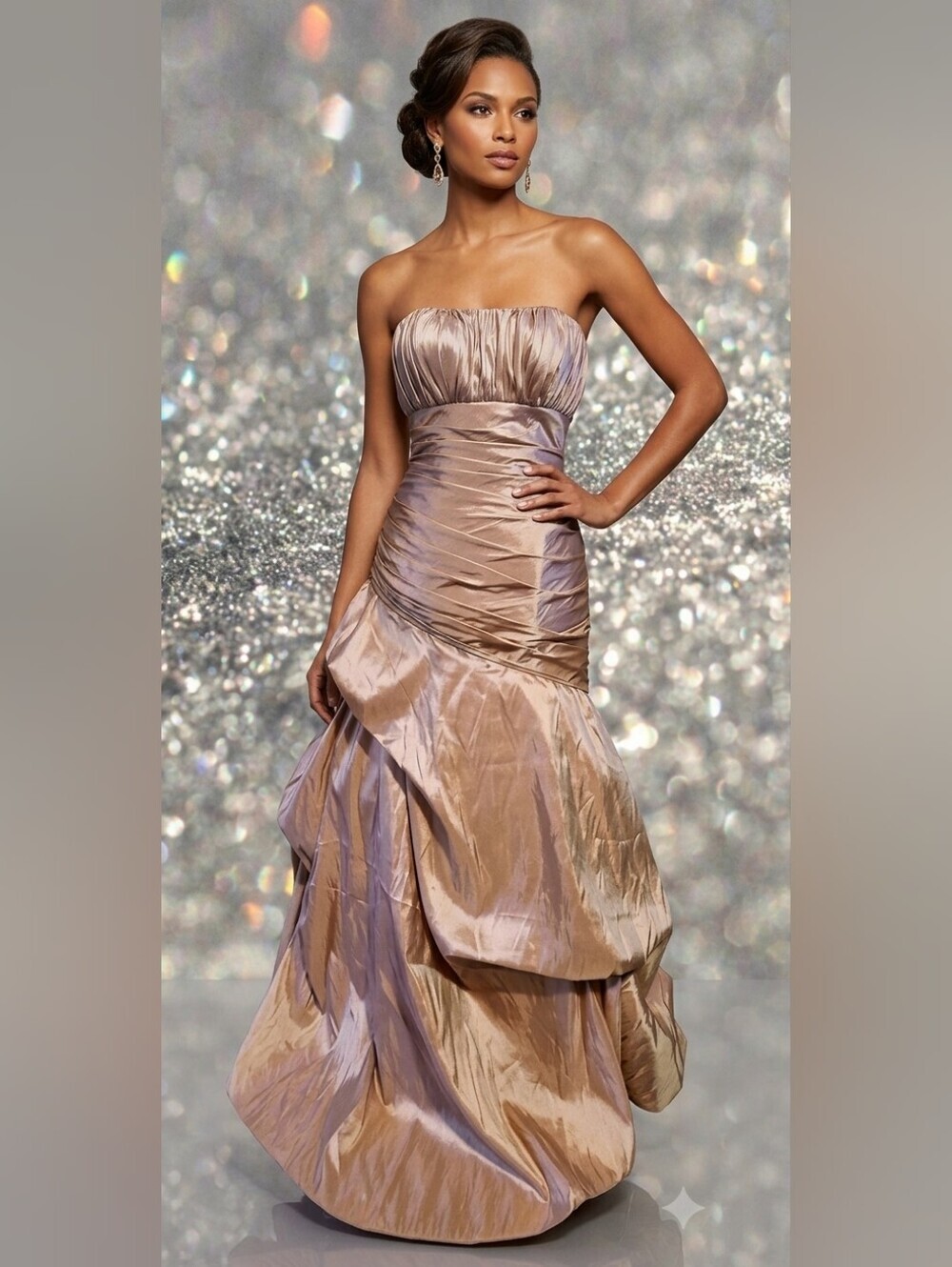 Tiffany Designs Champagne Asymmetrical Ruched Gown